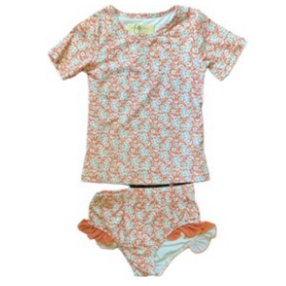 Girls' Floral Coral Rashguard Swim Set - Short Sleeve Two-Piece